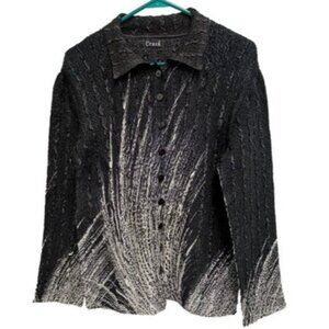 Crush Wearable Art Top Womens L/XL Black Crinkle Abstract Button Up Long Sleeve